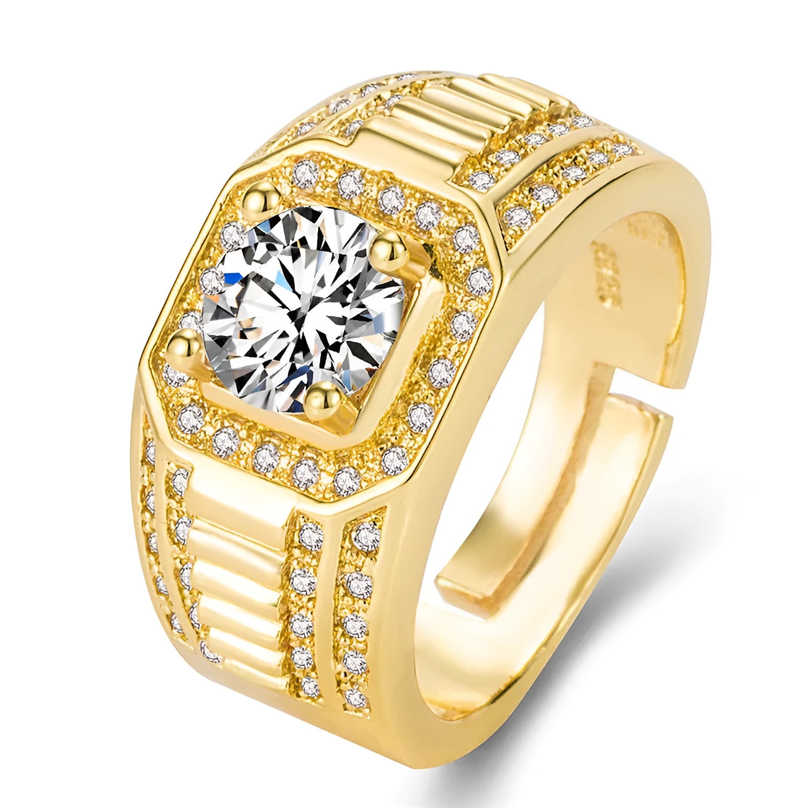 Men's large square diamond ring with adjustable band in gold or platinum finish.
