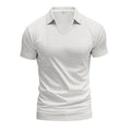 Man wearing a loose-fitting apricot V-neck short sleeve t-shirt against a plain background.