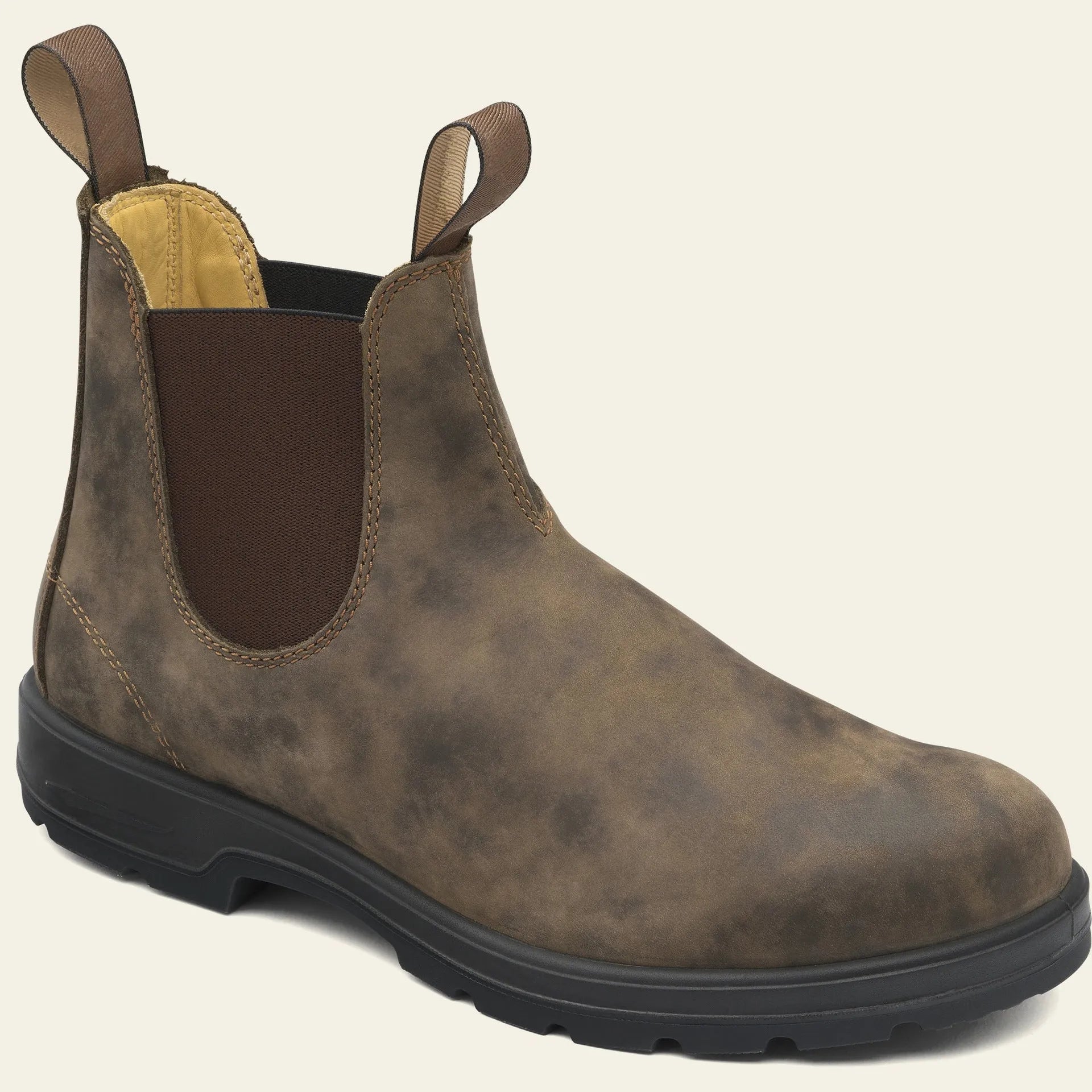 Vintage brown genuine leather unisex Chelsea boots with a chunky sole and frosted finish.