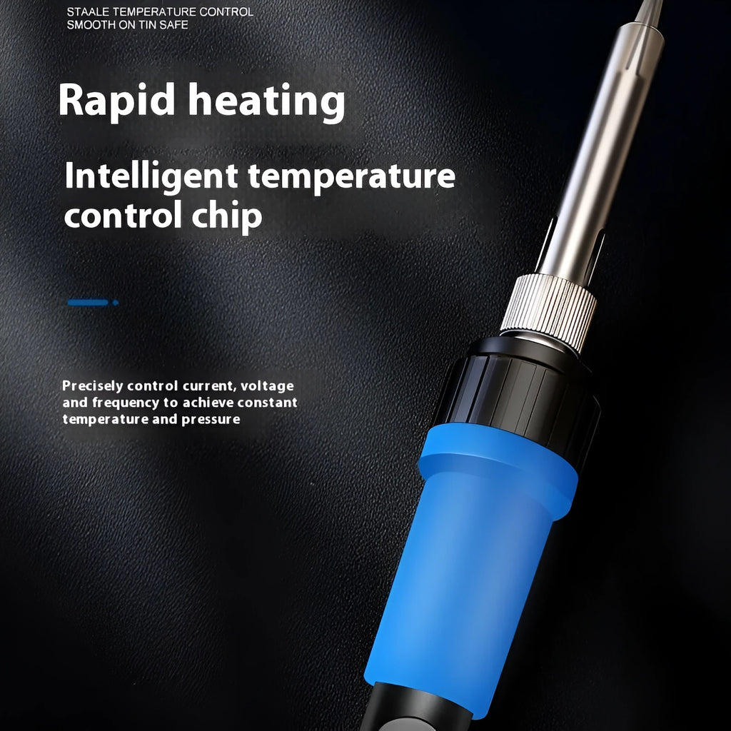 Grey 90W electric soldering iron with ceramic heating core, five tips, sponge, and solder on a workbench.