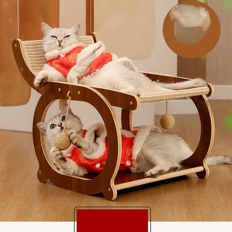 Solid wood sisal cat scratching mat with integrated recliner bed in walnut colour