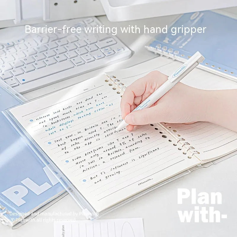 A5 size PVC spiral notebook in blue or white with a loose wire binding.
