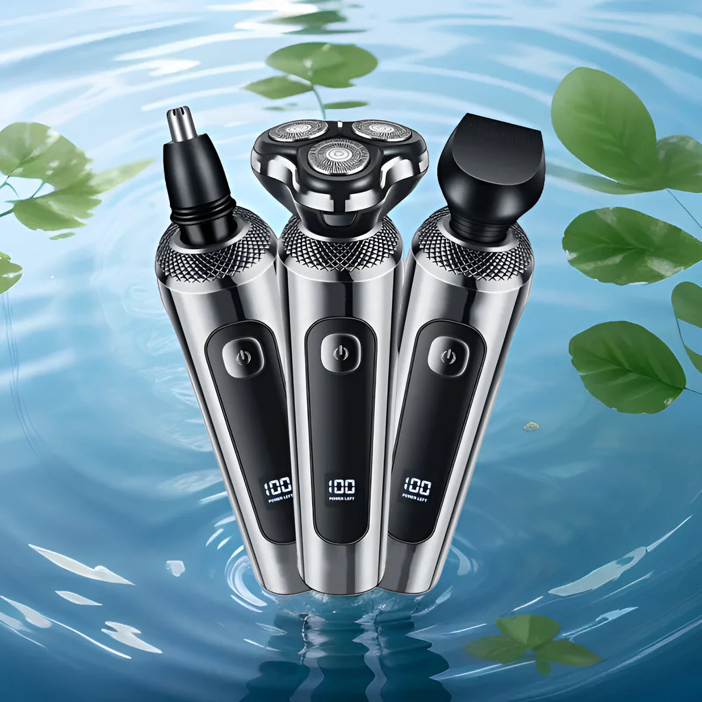 Fully washable digital USB rechargeable beard shaver with LED display on five-in-one base.