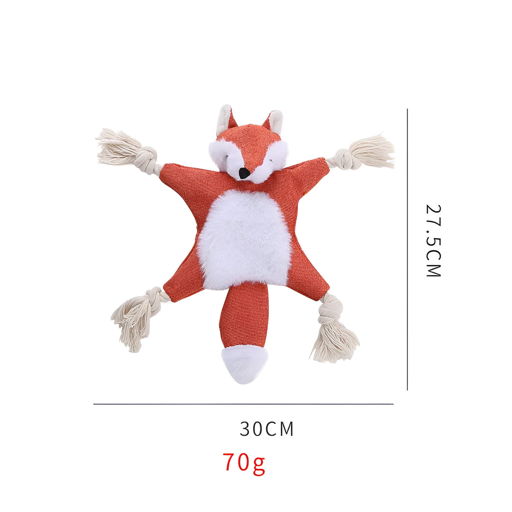 Brown fox-shaped plush dog toy with cotton rope arms and legs and embroidered eyes