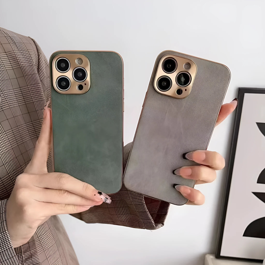 Leather texture TPU phone case for iPhone in grey, black, grey-green, and blue colour options