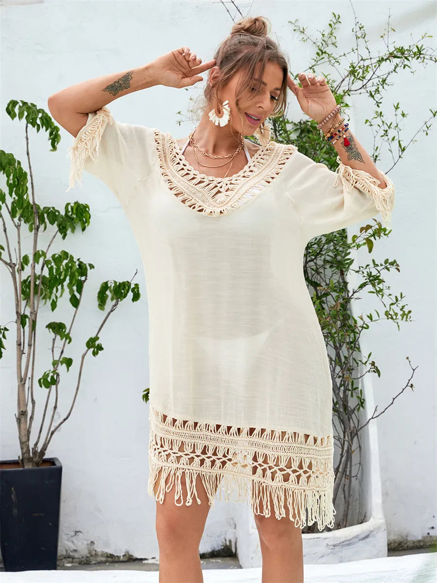 Apricot hand-crocheted acrylic beach dress with polyester lining for swimming and beach wear