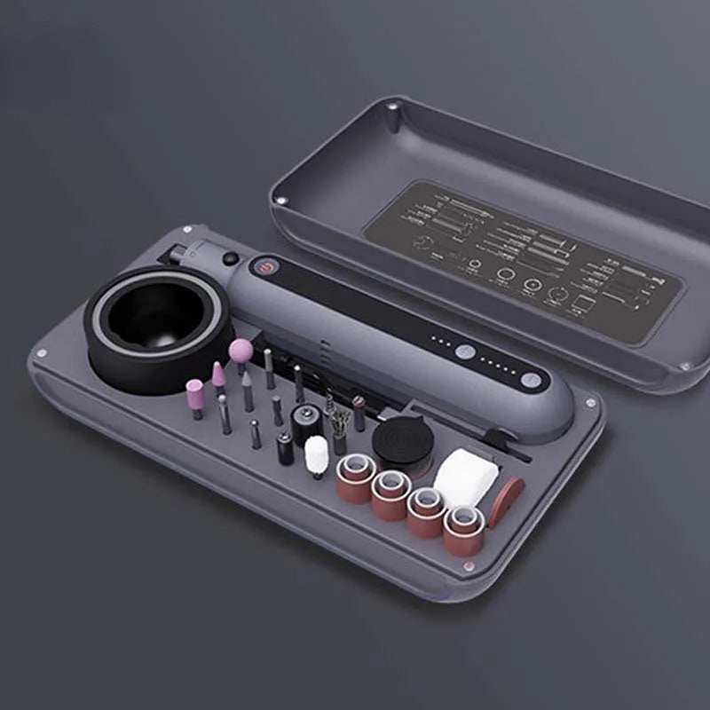 Mini electric grinding polishing cutting tool set with lithium battery and five-speed control.