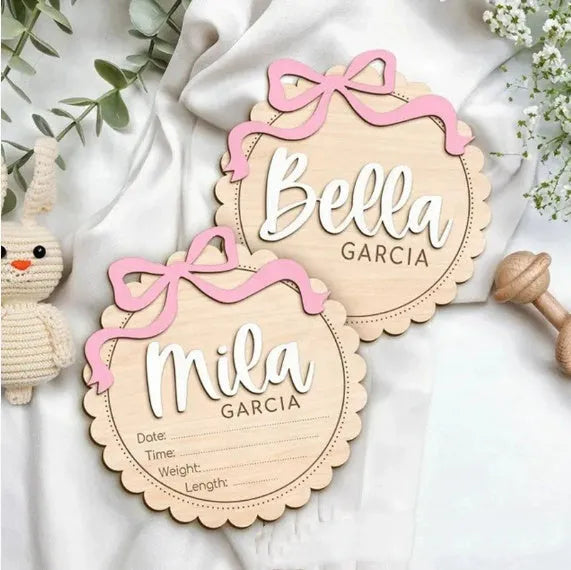 Custom wooden square ornament with a personalised baby name for nursery decoration.