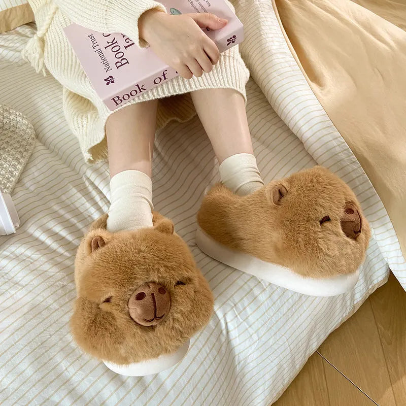 Women's winter bag heel slippers in light brown with plush upper and round toe, artificial wool lining visible inside