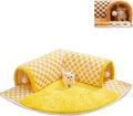 Plush plaid cat tunnel bed with central mat showing collapsible tube structure and non-slip bottom