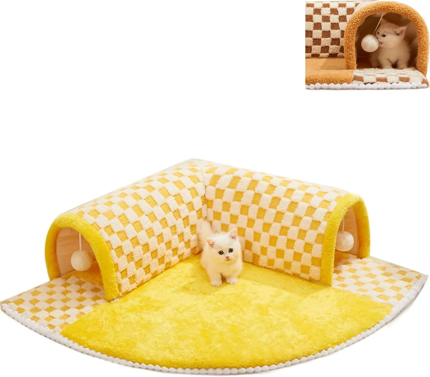 Plush plaid cat tunnel bed with central mat showing collapsible tube structure and non-slip bottom