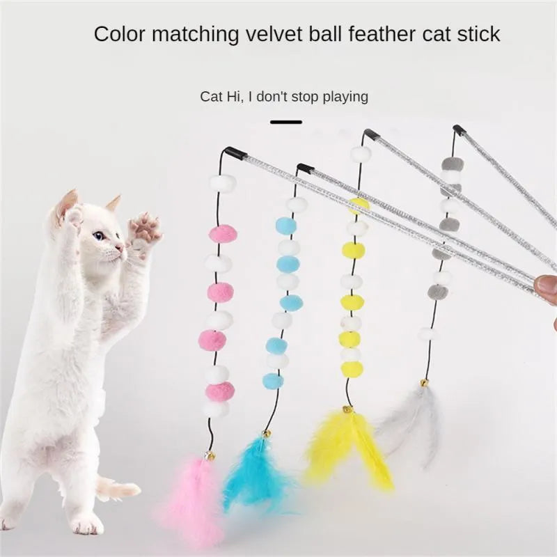 Colourful cat teaser interactive toy rod with bell and feather attachments