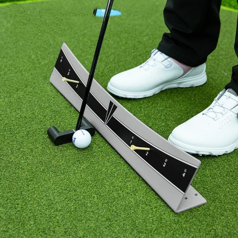 Adjustable golf putter trajectory balance simulator made from white PVC with a push rod balancer