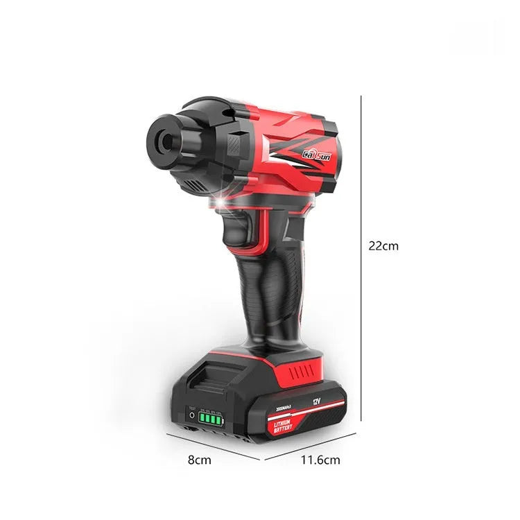 Red and black portable car air pump with digital display, power cable, and set of inflation nozzles.