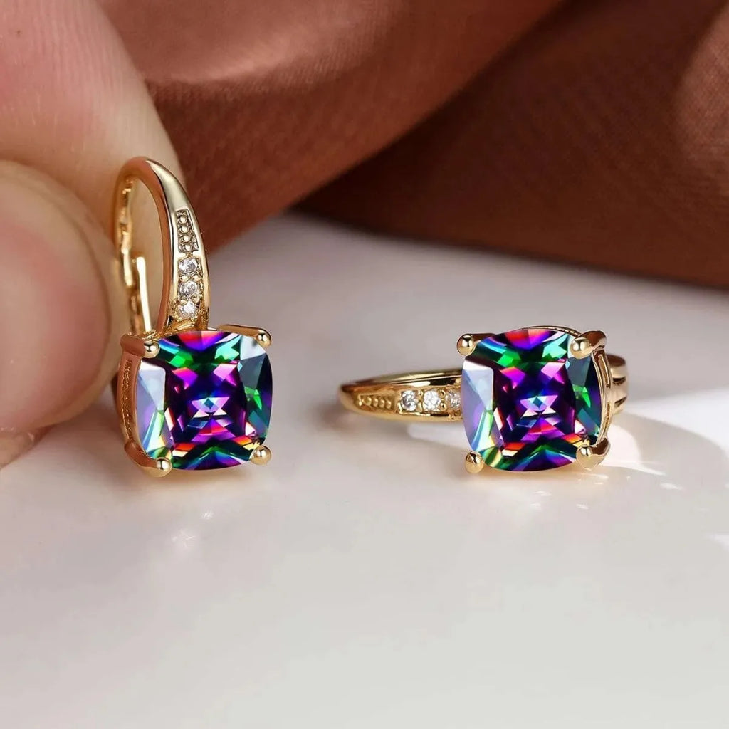Square geometric ear clip with colourful moissanite inlays and gold electroplated finish