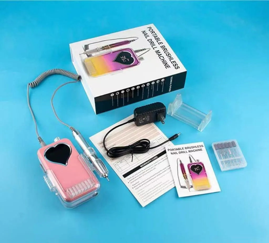 Brushless nail polishing machine with charging feature, 6 grinding heads, white body, and handle bracket