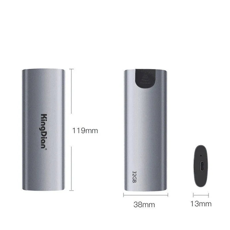 Grey mobile SSD portable hard drive with USB 3.0 interface measuring 119mm x 38mm x 13mm