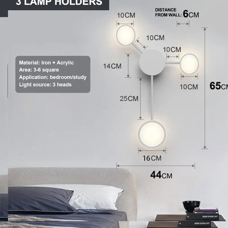 Contracted wall lamp with six heads, iron and acrylic construction, available in black finish mounted on a wall