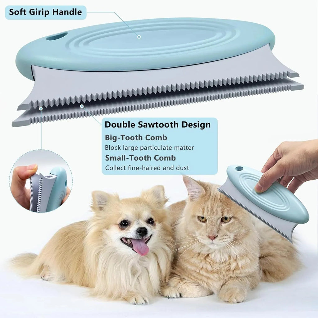 Three-piece pet hair remover set with metal lint shaver, silicone brushes, and round carpet scraper