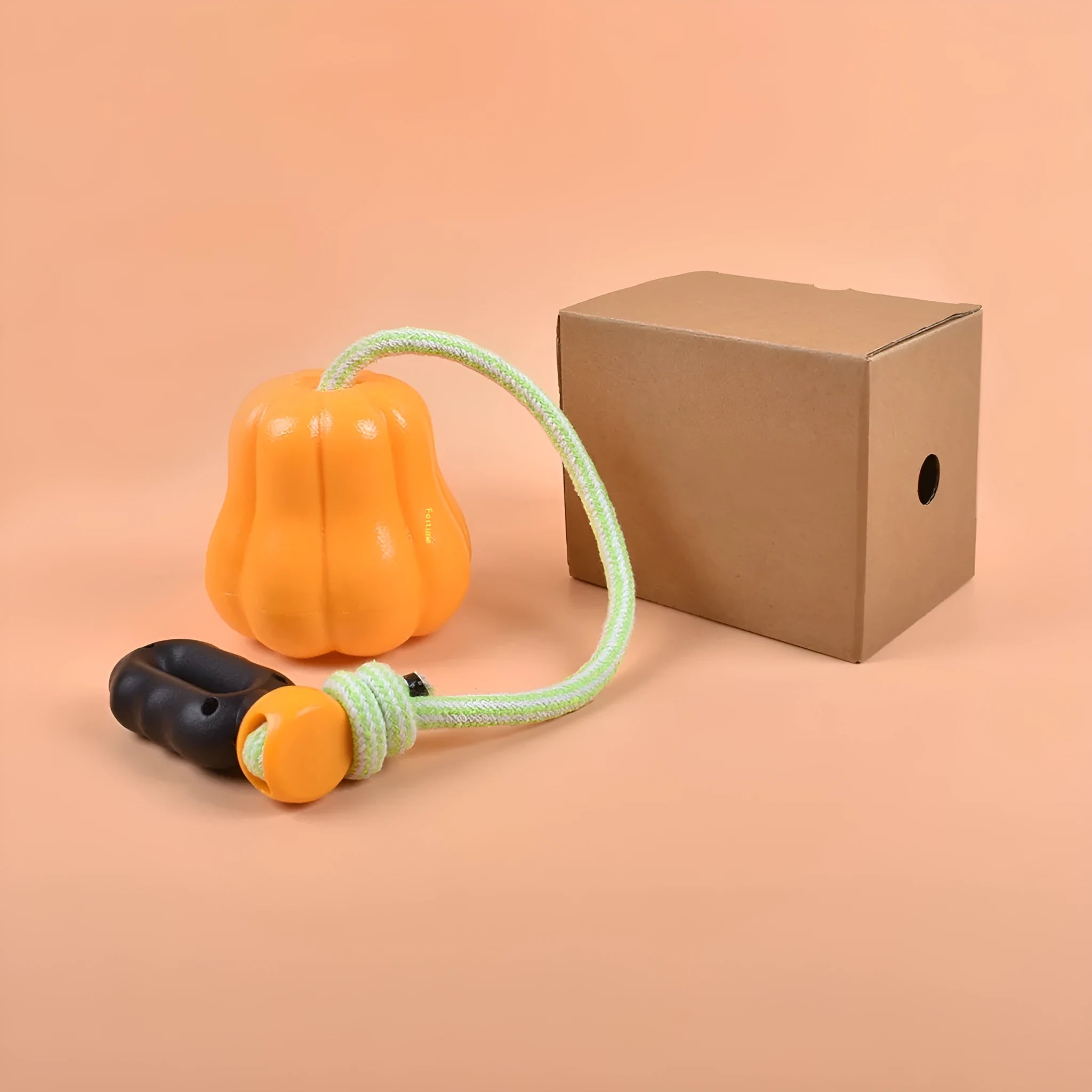 Pumpkin orange plastic dog chew toy with rope detail for outdoor fetch and molar cleaning