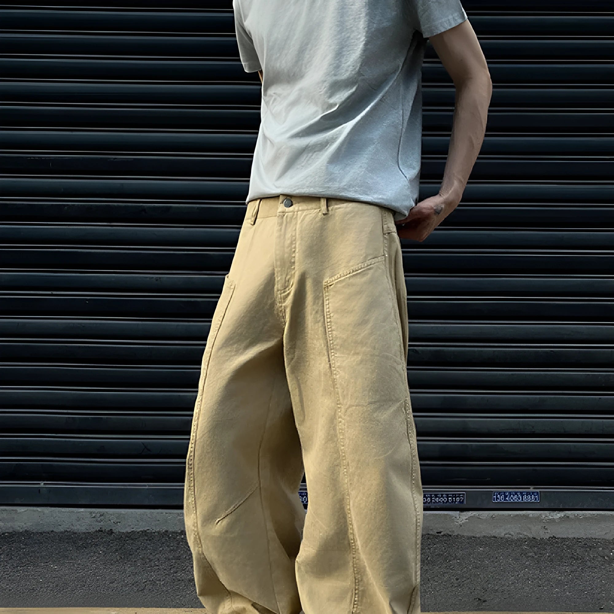 American retro solid colour khaki straight pants for men on plain background