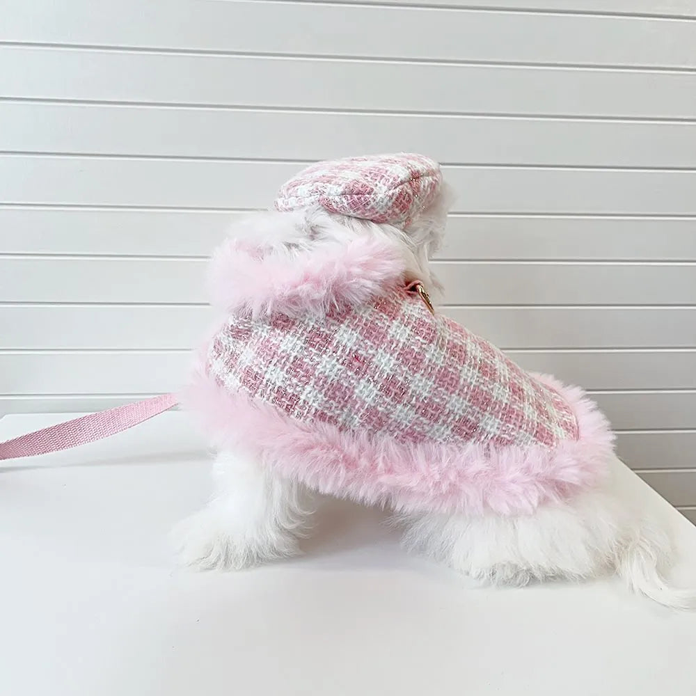 Cat wearing pink hooded cloak with matching beret and attached rope leash costume set