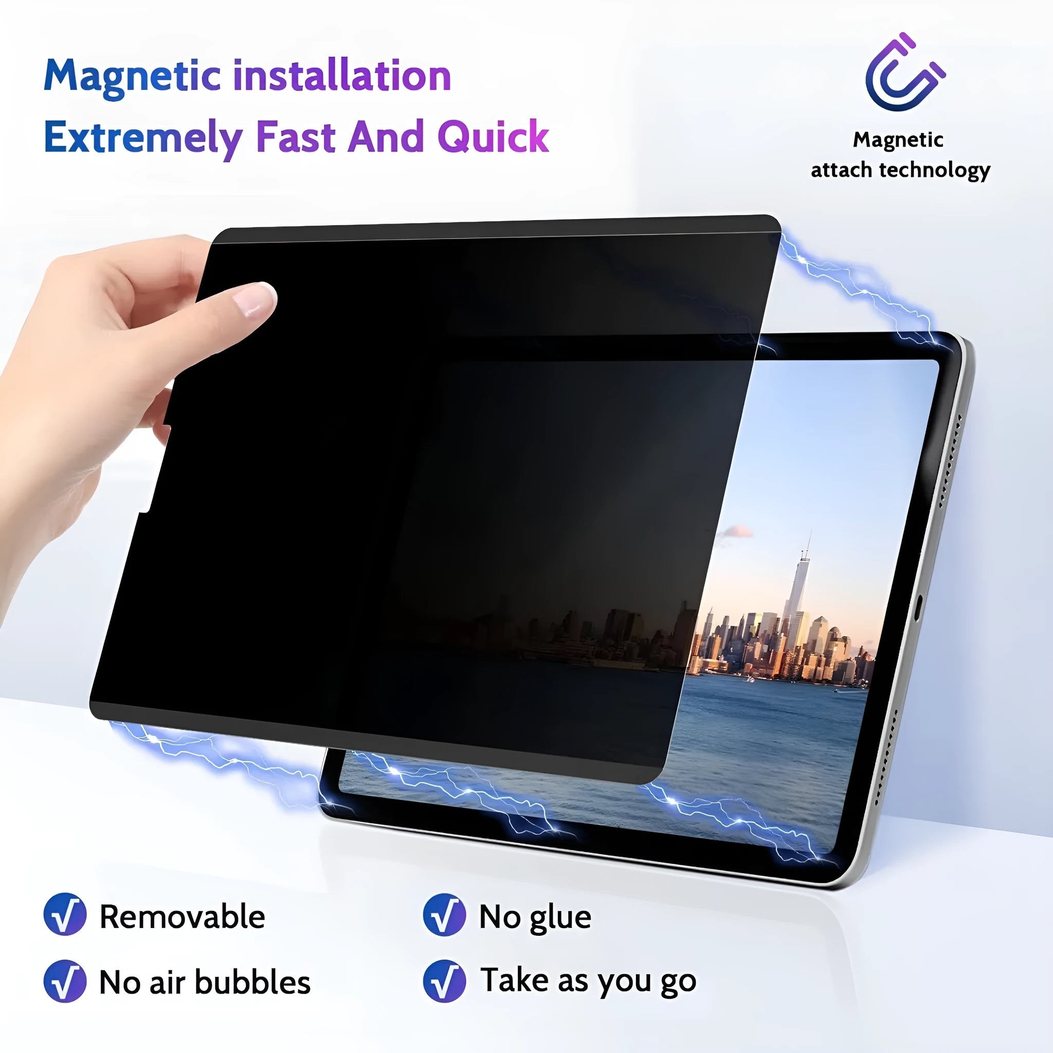 Magnetic suction anti peeping privacy film for iPad with paper-like PET texture and storage clip.