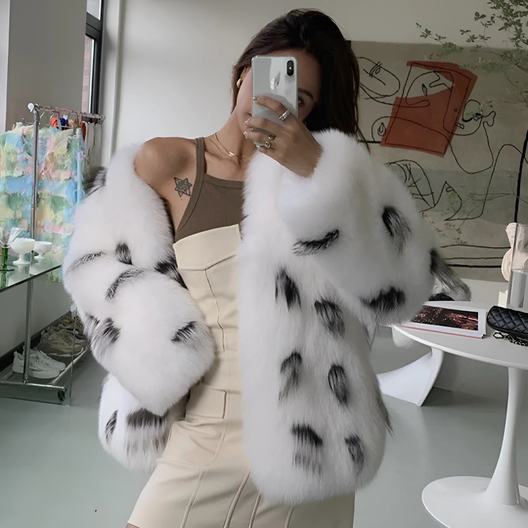 Women's black and white raccoon print faux fur coat in Korean slim-fit style