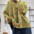 Women's loose round neck cardigan with artistic colour contrast printing, made from viscose fibre.