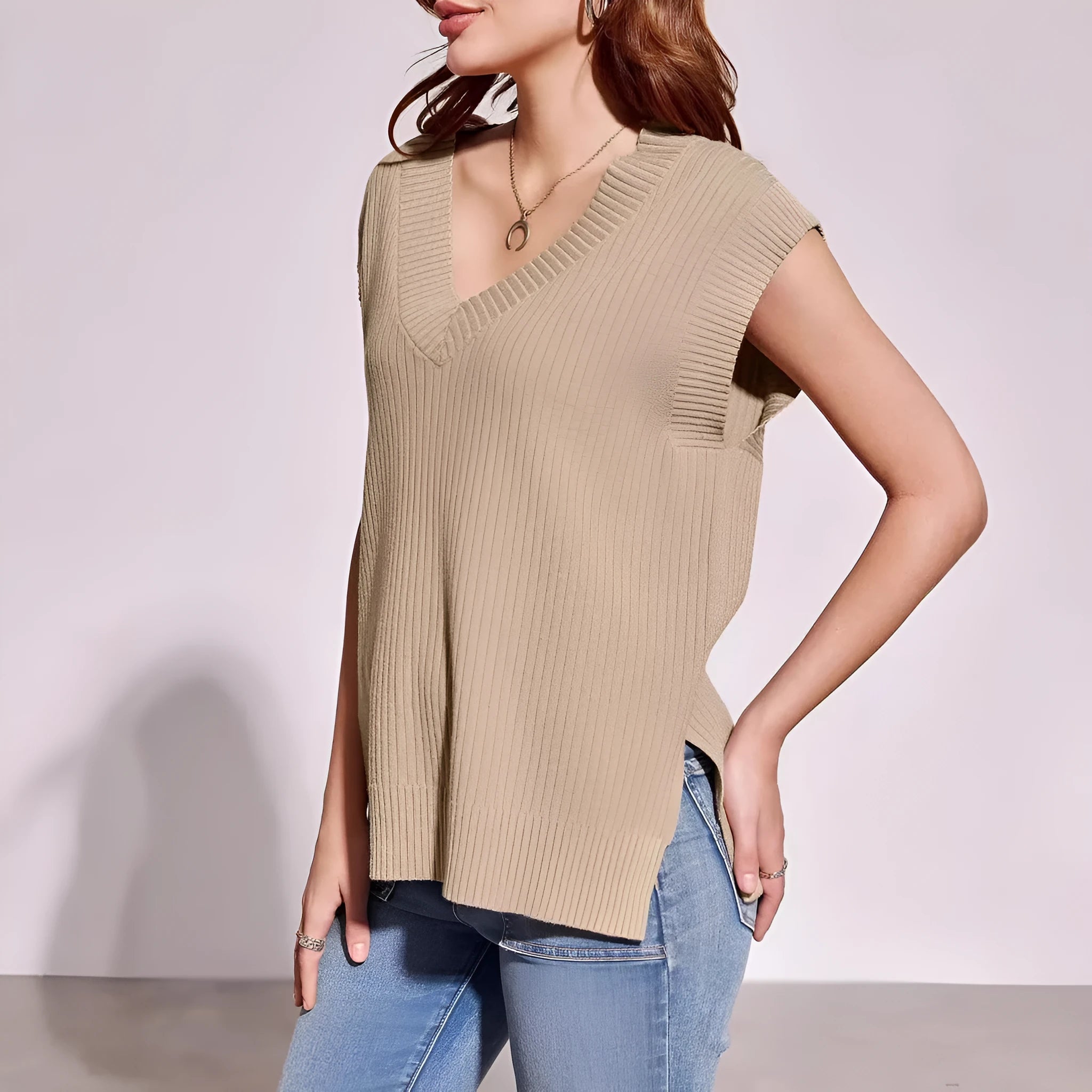 Women's V-neck sleeveless loose pullover vest in camel colour with stripe pattern