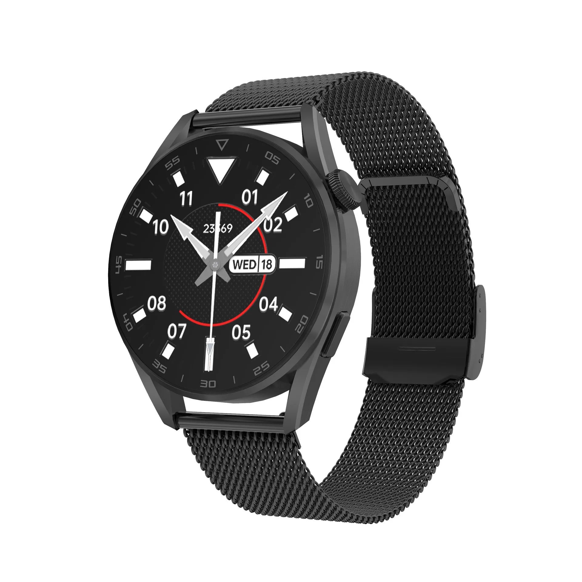Bluetooth smart watch with metal wristband and 1.3 inch touch screen for calls and QR code scanning.