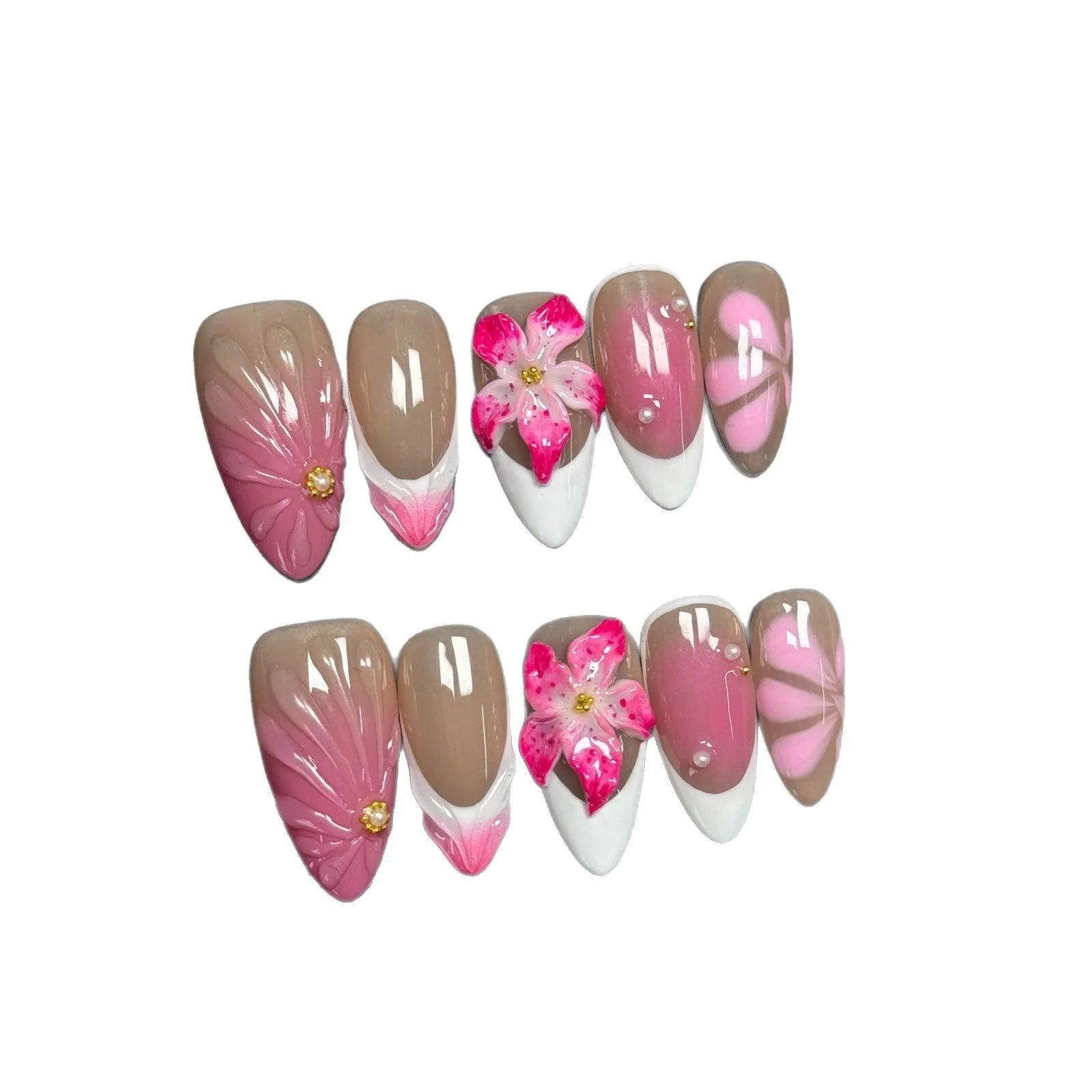 French style 3D lily and ice flower design plastic artificial nail tips in almond shape.