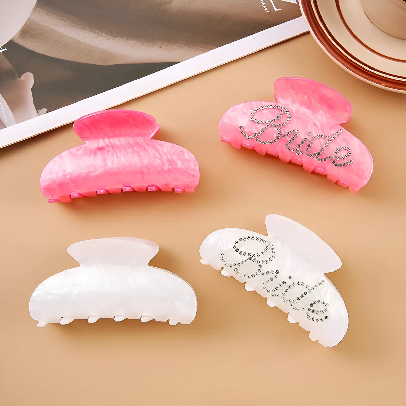 10cm pink and white acrylic hair clip with spot-drilled diamond pattern and shower shark clip