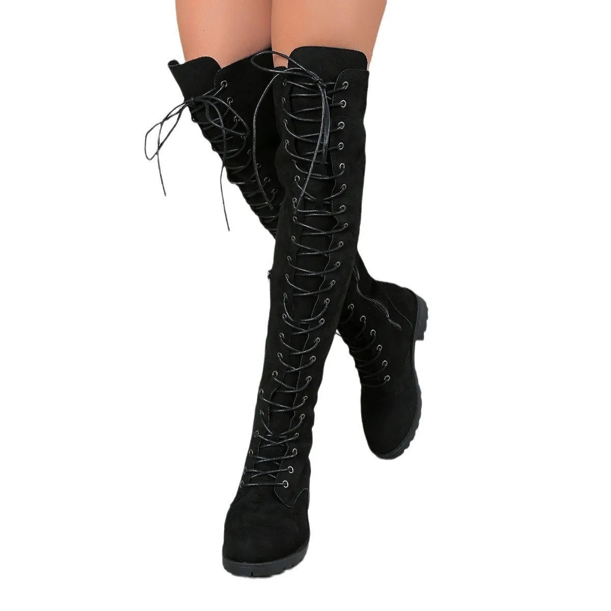 Black lace-up over-the-knee boots with round toe and flat rubber sole, showing stitching details on artificial PU upper