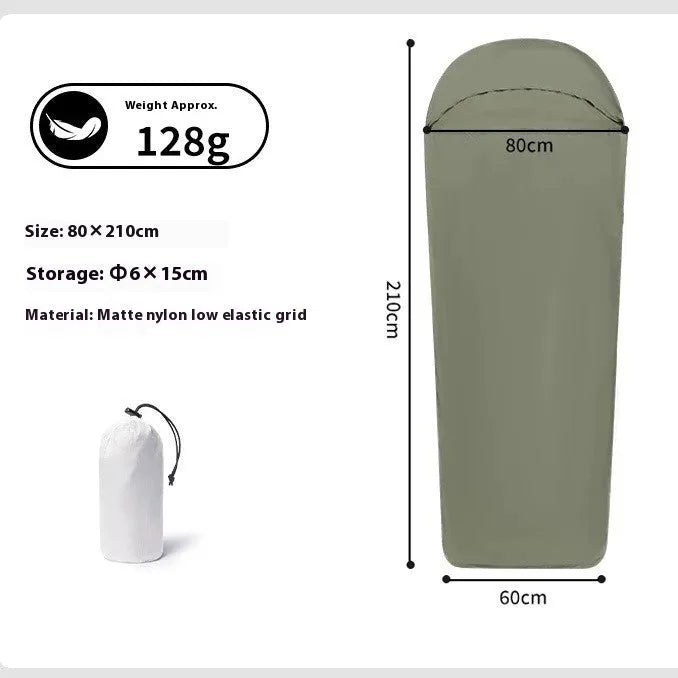 Blue and green nylon mummy-style camping sleeping bag showing packed dimensions
