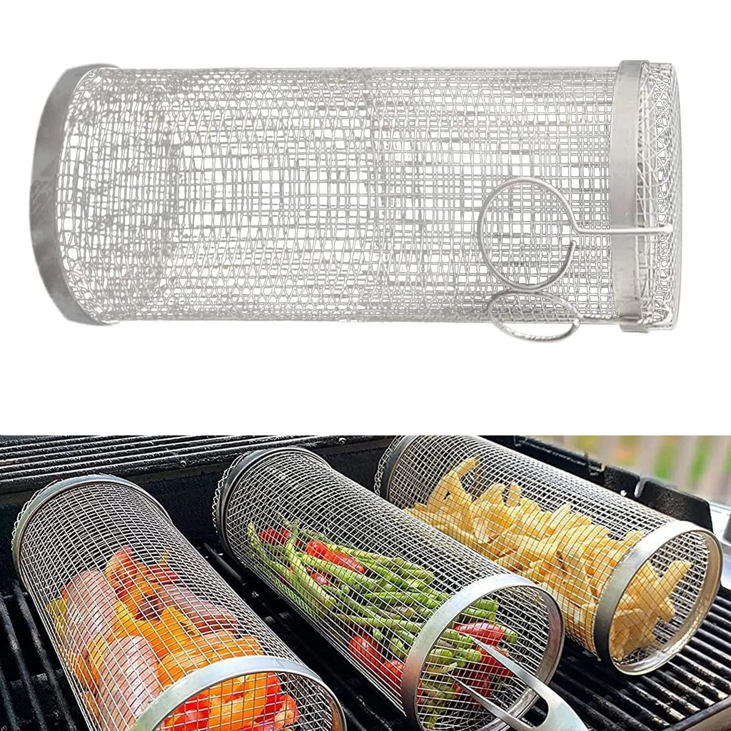 Rolling grill basket metal mesh cylinder with hooks on barbecue, containing vegetables and meat