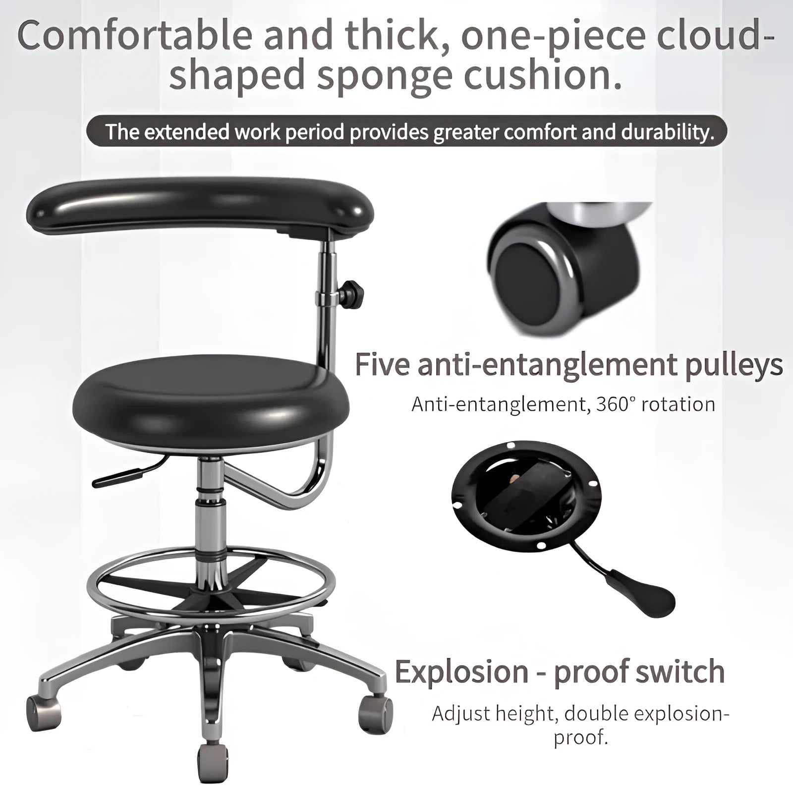 Black leather dental chair with height adjustment mechanism for clinical use