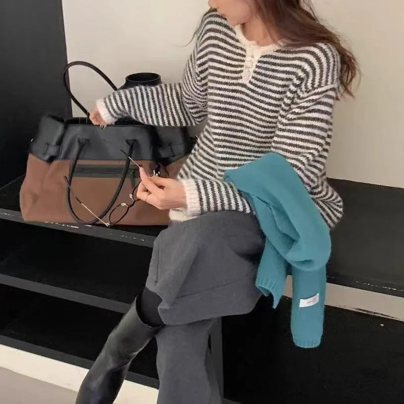 Retro loose cashmere striped sweater for women free size long sleeve pullover red blue colour block