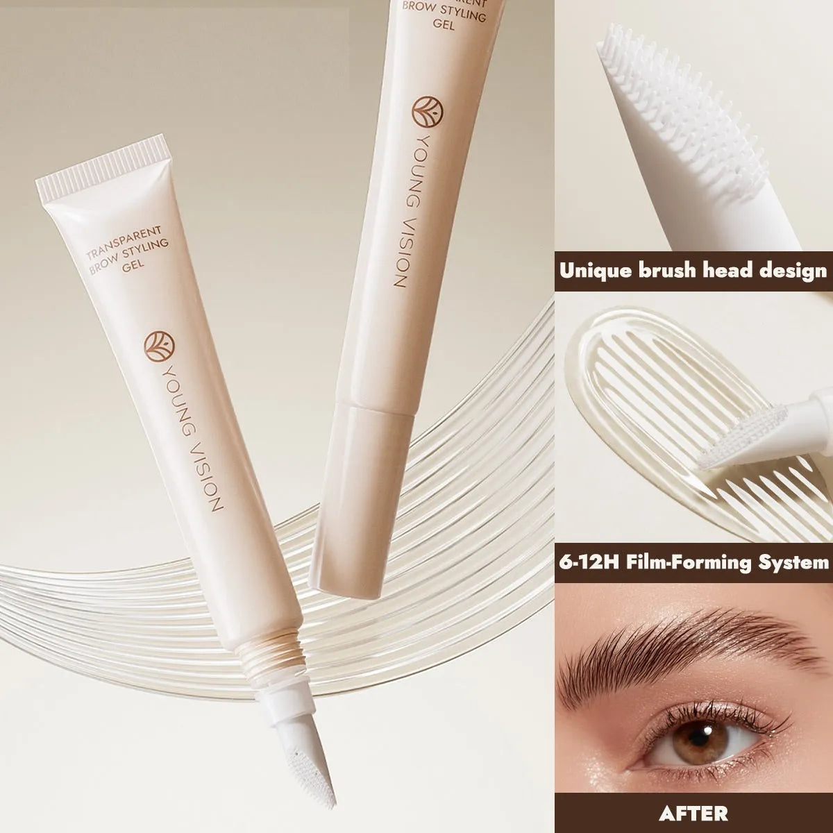 Transparent eyebrow gel in a tube with silicone brush head, 10g net content packaging
