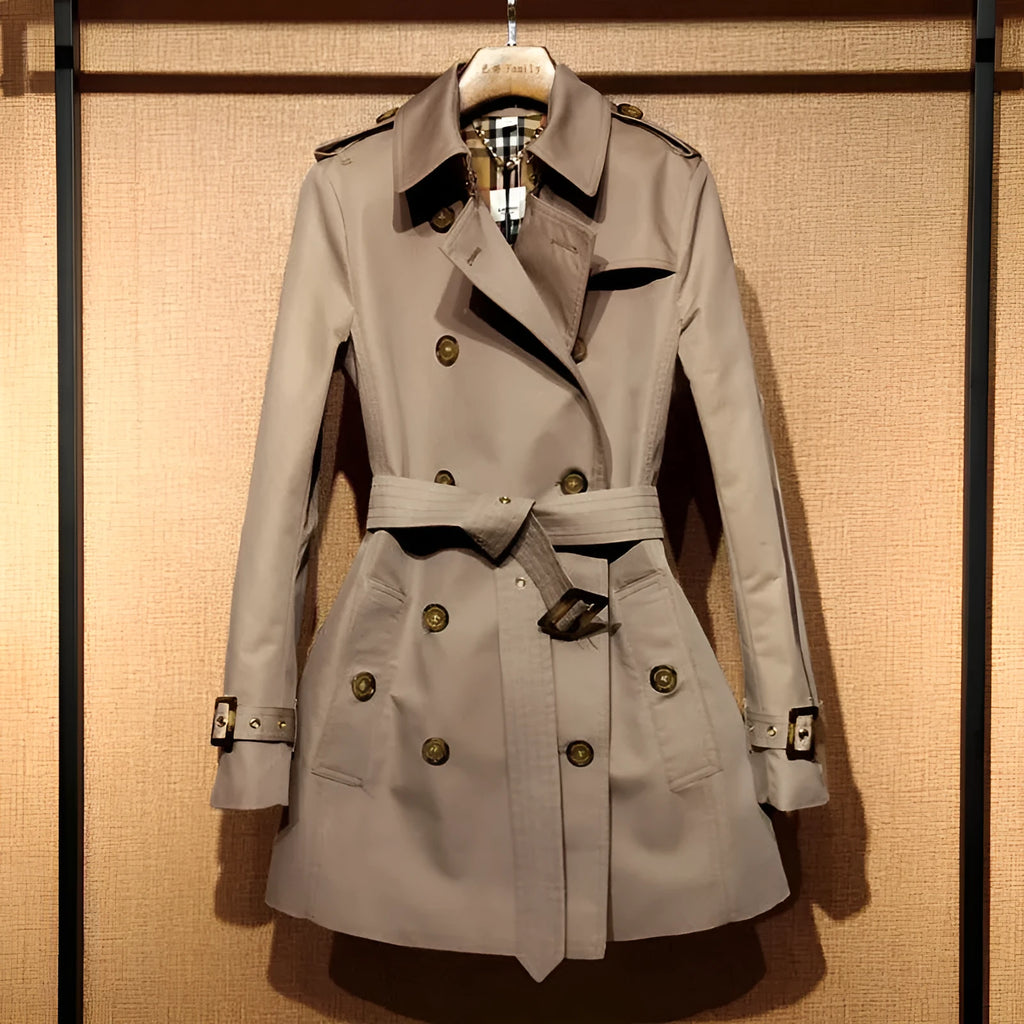 Khaki double-breasted trench coat for women with flight sleeves and button fastening.