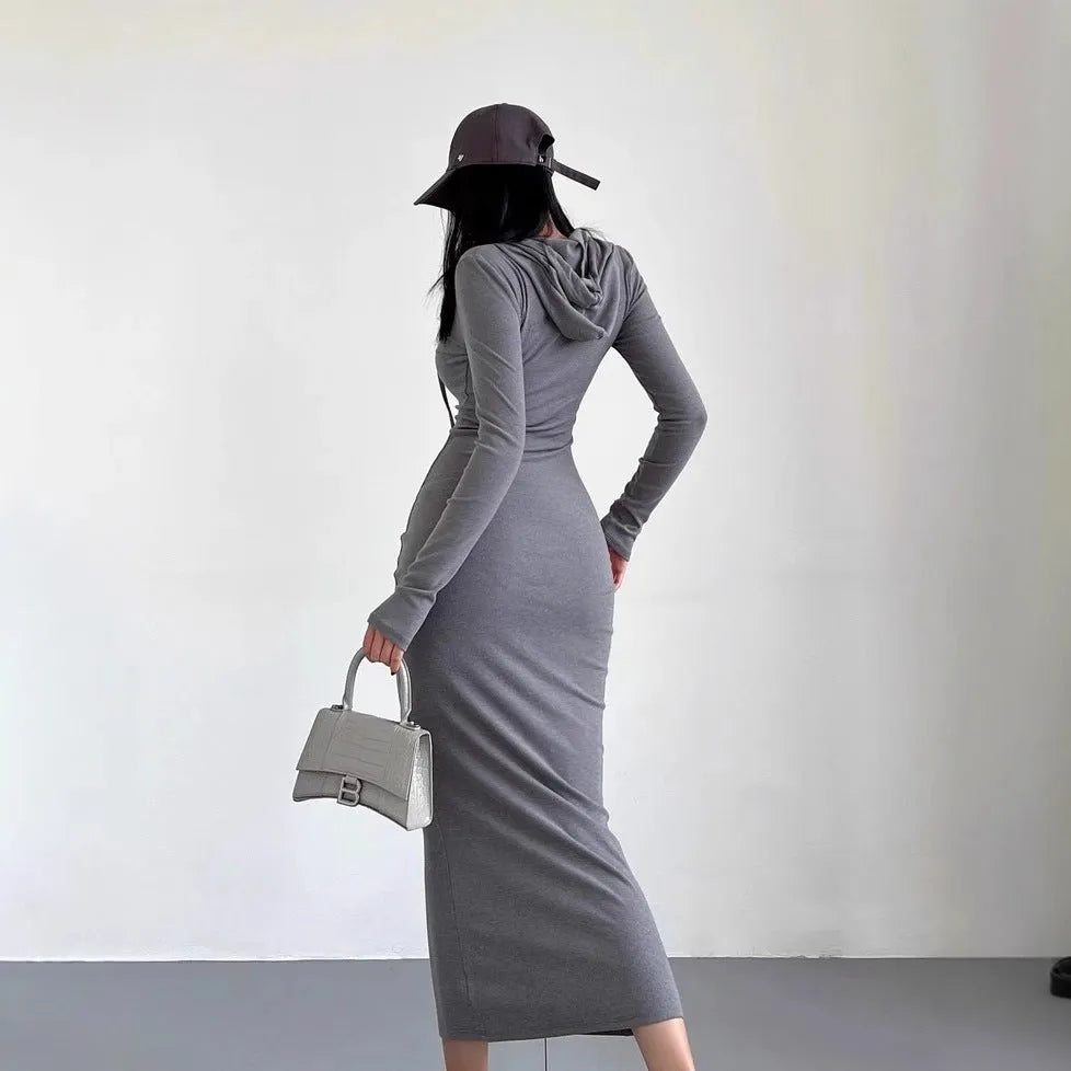 Women's grey hooded long-sleeve sheath dress with a high waist on a model.