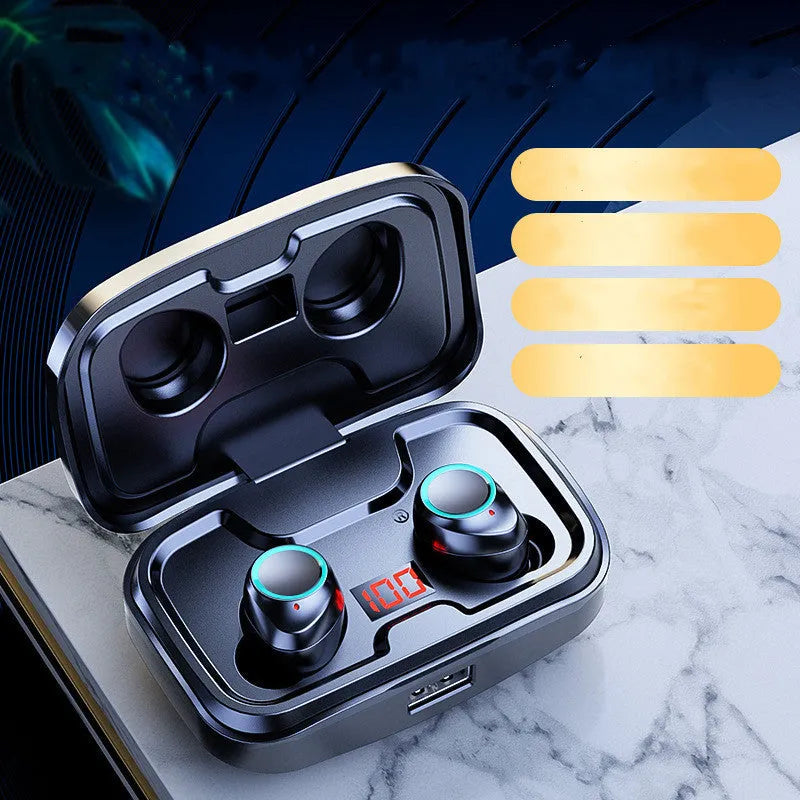 Wireless Bluetooth 5.0 earphones in black, blue and red colour options showing in-ear design