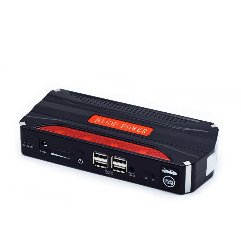 Black and red coloured 12V vehicle emergency jump starter power supply unit.