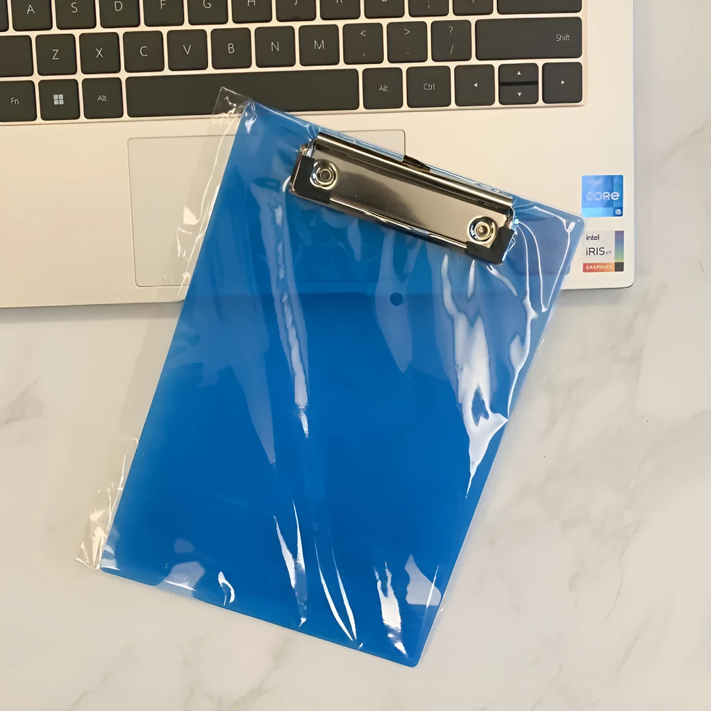 Transparent A4 writing board with metal clip holding papers, available in multiple colours