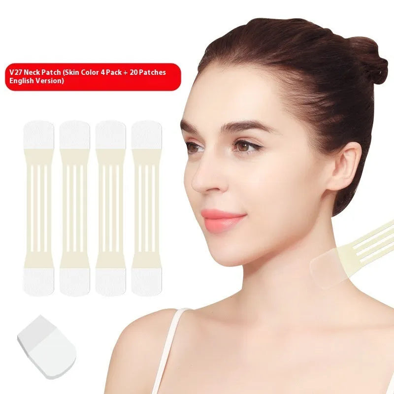 V27 skin tone neck pattern lifting sling with 20 firming adhesive patches on white background