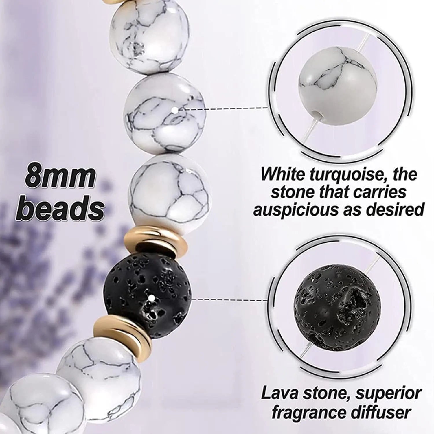 Natural stone bracelet with alloy volcano white turquoise centrepiece and mixed tiger eye beads on white background