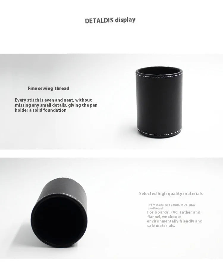 Round black leather pen container showing diameter and height measurements