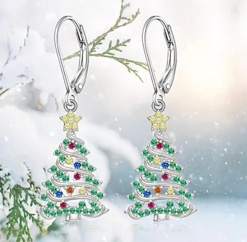 Women's Christmas tree earring pendants with star design in white gold colour finish