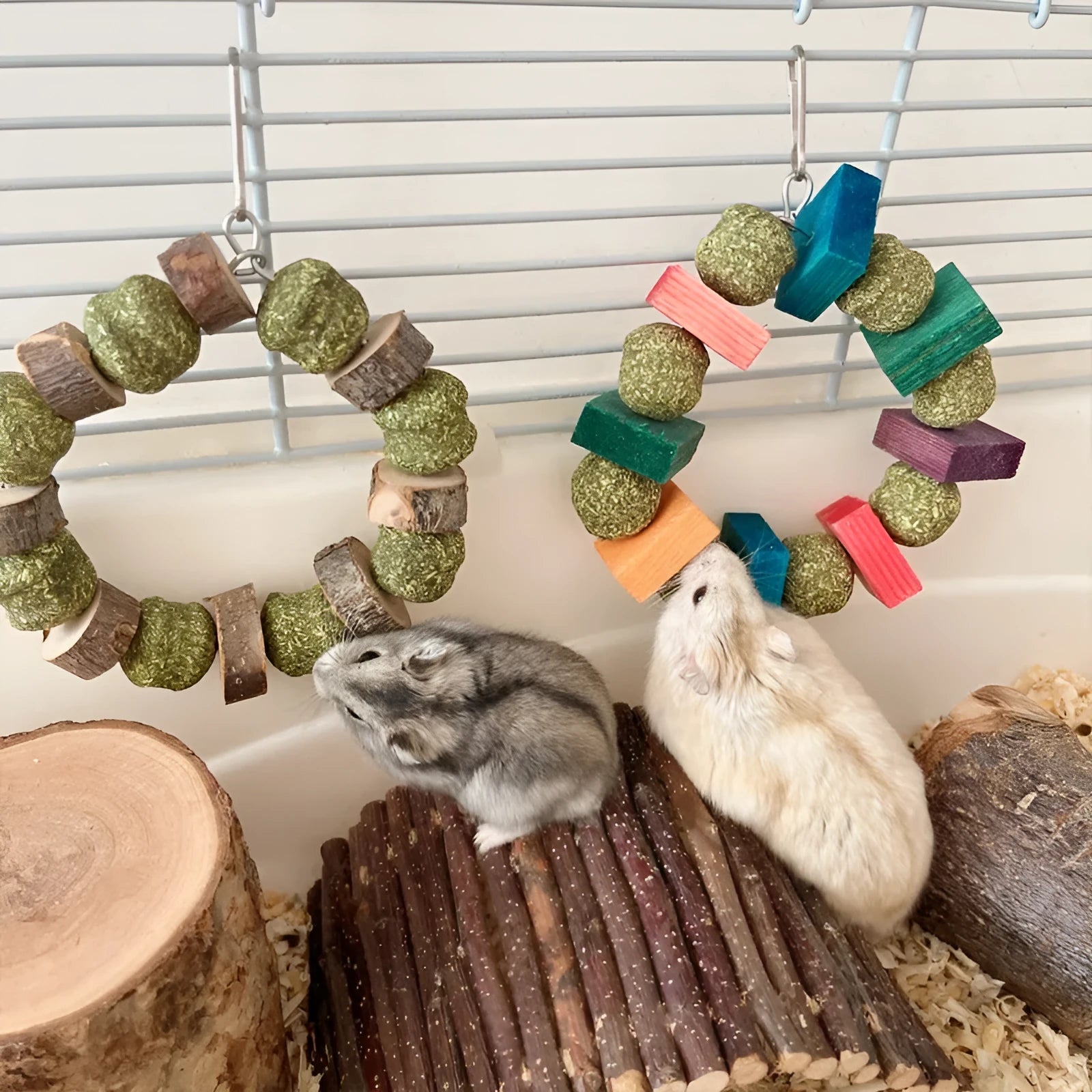 Hamster toy set showing decorative ring with straw ball and Applewood molar rod chew for small pets