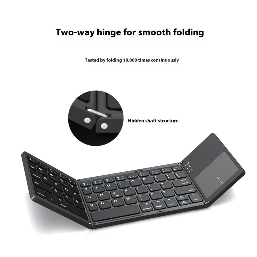 Black tri-fold Bluetooth keyboard shown open next to a tablet and folded in hand.